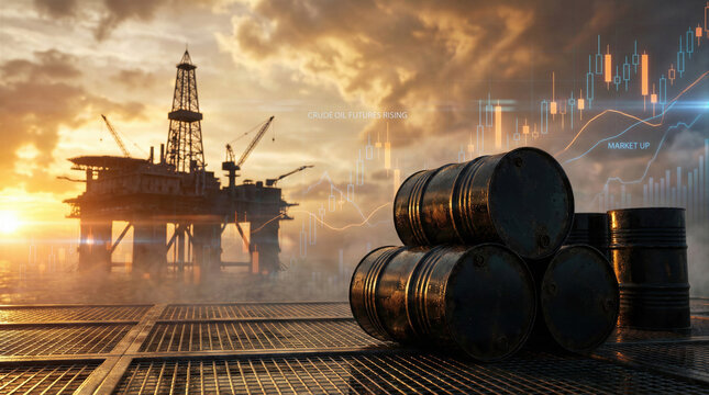 Industrial crude oil barrels stacked on offshore platform with drilling rig silhouette at sunset and digital finance market charts showing rising energy fuel price and economy growth.