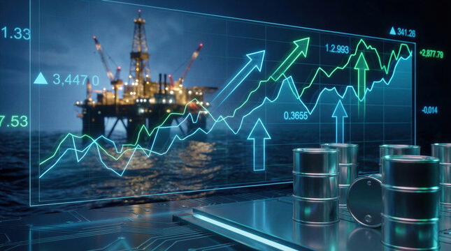 Crude oil barrels and offshore rig platform with digital market chart showing price rise and energy growth, business finance concept of increasing petroleum stock trade value.