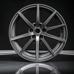 Obraz premium Metallic rim with thin spokes, centered view on reflective surface, dark backdrop