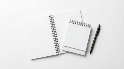Top view of open spiral notebook with desk calendar and pen on white background