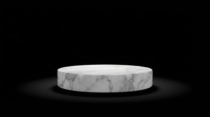 White marble round pedestal on black background with spotlight
