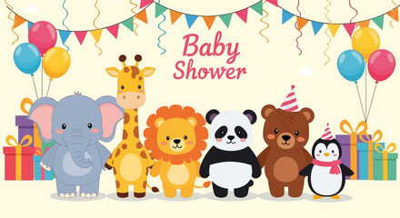 Fototapeta premium Flat lay of colorful cartoon animals celebrating a baby shower with gifts and balloons on a pale yellow background