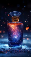 Fototapeta premium Celestial elixir: A cosmic blend in an ornate glass vessel shimmering mystically