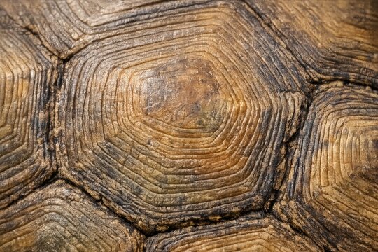 Turtle shell. Turtle shell pattern. Tortoise shell texture detail. Close Up detail of turtle shell. Reptile shell surface design. Realistic turtle shell texture. Turtle back pattern texture.