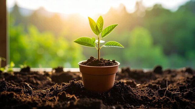 Close-up of a small green seedling growing in a pot of rich soil with warm sunlight behind.