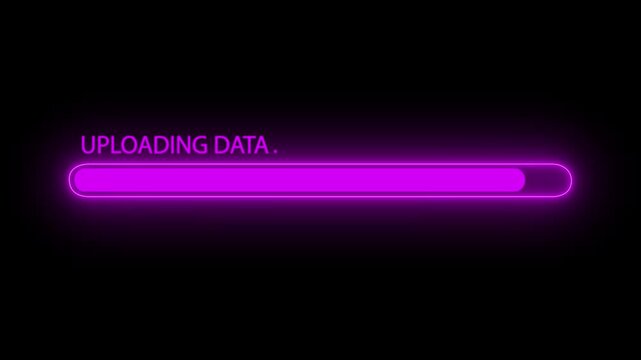 Neon Progress Bar Animation with Uploading Data Text on Black Background