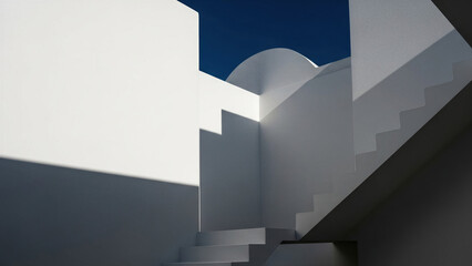 Fototapeta premium Abstract minimalist architecture with geometric white walls, sharp shadows, and a clear blue sky, showcasing modern Mediterranean design and the dramatic interplay of light and form.