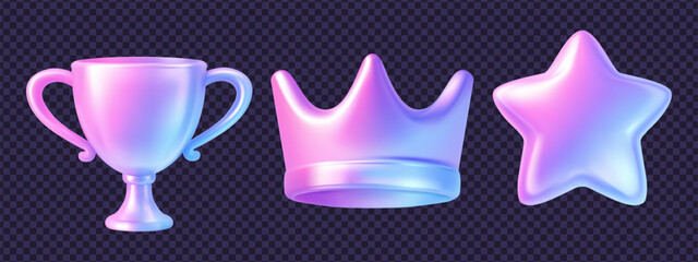 Fototapeta premium Set of 3d y2k holographic icon elements in glass hologram style featuring a trophy, crown and star with iridescent shine and smooth gradient surfaces. Perfect for luxury 3d y2k icon designs.