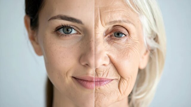 Split face comparison of a young woman and an elderly woman showing effects of aging
