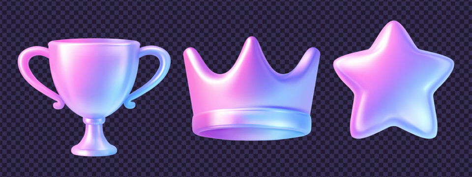 Set of 3d y2k holographic icon elements in glass hologram style featuring a trophy, crown and star with iridescent shine and smooth gradient surfaces. Perfect for luxury 3d y2k icon designs.