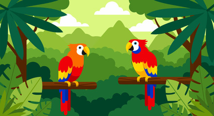Vibrant vector illustration of two colorful macaws perched on a branch in a lush jungle setting © PDWN Creative