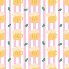 St. Patrick&rsquo; s day concept. A jar of beer, a green crystal on a line, pink and white background, seamless pattern.