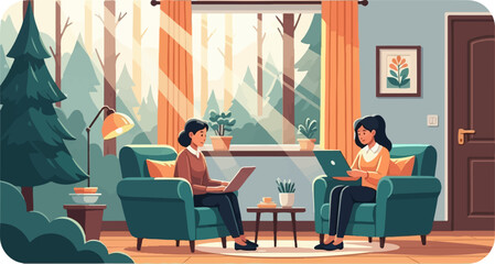 Fototapeta premium Two women working on laptops in a sunlit room with a forest view