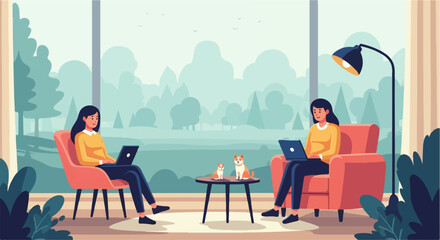 Fototapeta premium Two women working on laptops in comfortable armchairs with dogs on a table