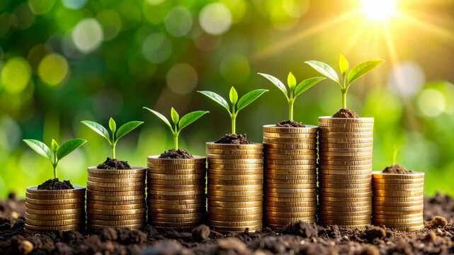 Stacks of coins with young plants growing out of them in sunlight