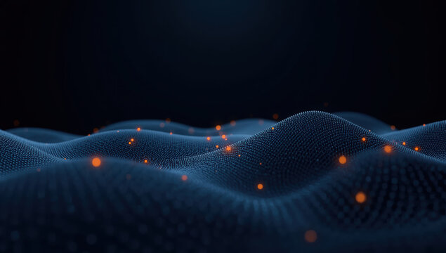 Digital blue data wave with glowing orange nodes creating abstract neural network landscape
