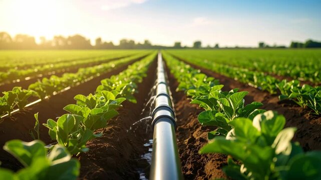 Drip irrigation system watering rows of young green plants in a field at sunrise
