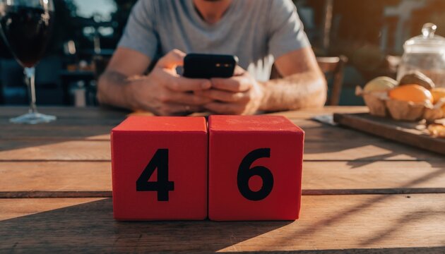 Man sitting at wooden table with red blocks and phone