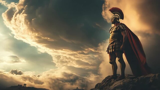 Spartan warrior stands on top of rocky cliff under dramatic stormy sky heroic ancient scene
