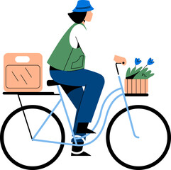 Woman Cycling with Flower in Basket Illustration