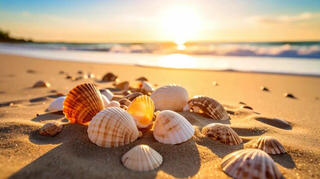 Seashells scattered on a sandy beach at sunset with gentle waves in the background.