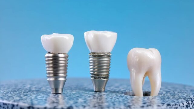 Dental implant and crown models on blue background, tooth restoration concept
