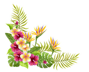 Tropical bouquet. Floral corner ornament. Watercolor painting with pink Hibiscus flowers and palm leaves isolated on white background. Tropic floral summer composition. © Marisha