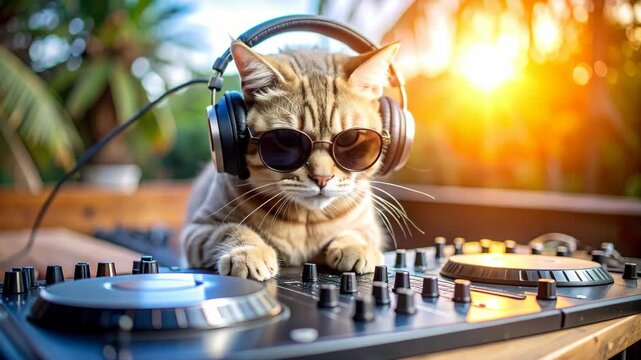 Cool cat wearing headphones and sunglasses on a DJ turntable outdoors