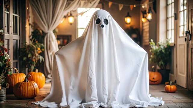 Classic Ghost Costume with Pumpkins and Halloween Decorations Indoors