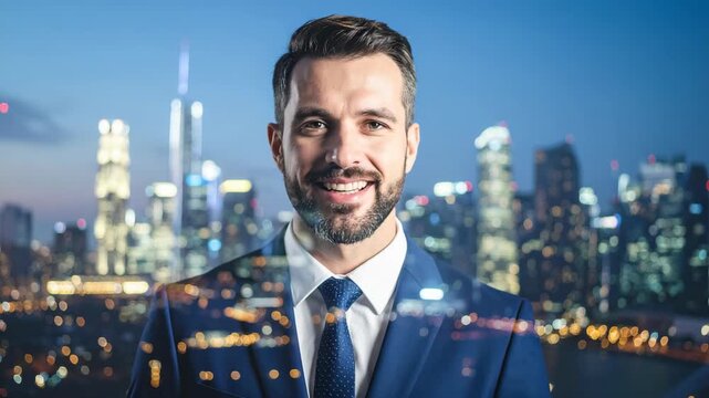 Smiling confident man in suit superimposed over a glowing nighttime cityscape bokeh effect