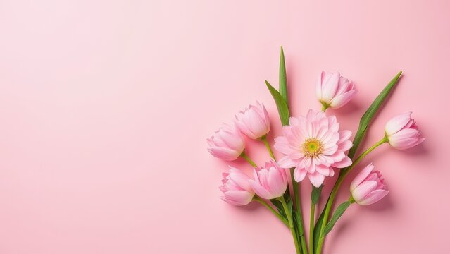 8 march floral arrangement with delicate flowers on pink background festive spring composition celebrating international womens day concept of floristry events gifting business