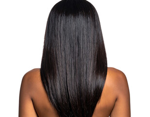 Fototapeta premium Dark, sleek, straight hair falling to shoulder blades, seen from back view