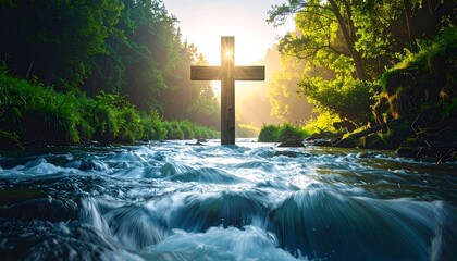 Cross Standing in Rushing River Amidst Lush Green Forest at Sunrise.