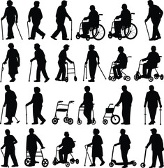 Obraz premium Senior and elderly mobility silhouettes set using canes walkers wheelchairs and scooters, aging healthcare assistance concept, black flat vector illustration