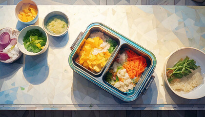 朝のキッチンカウンターに置かれたランチボックスが、外出前の支度時間を静かに物語る暮らしの一瞬の水彩ポリゴン