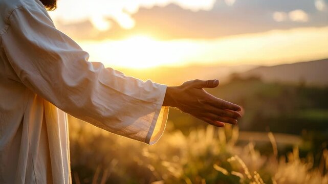 Man in white robe extends hand at sunset over grassy field with mountains