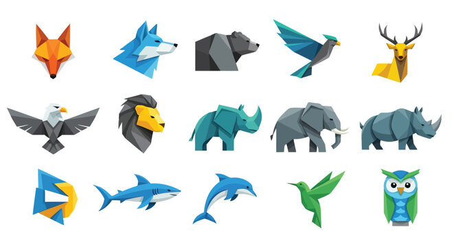 Set of animal vector icons featuring a bird, fish, and dolphin silhouette in a blue cartoon art style for nature logo design and ocean life illustrations
