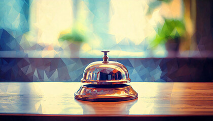 フロントカウンターに置かれた卓上ベルが、ホテルの受付らしい静かな緊張感を演出する情景の水彩ポリゴン