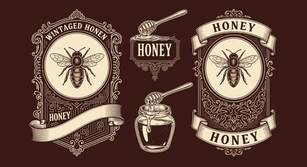 Vintage Honey Label Set with Engraved Bee and Ornate Frames. Retro Food Packaging Design, Branding and Logo Elements in Woodcut Style. © Miciboy