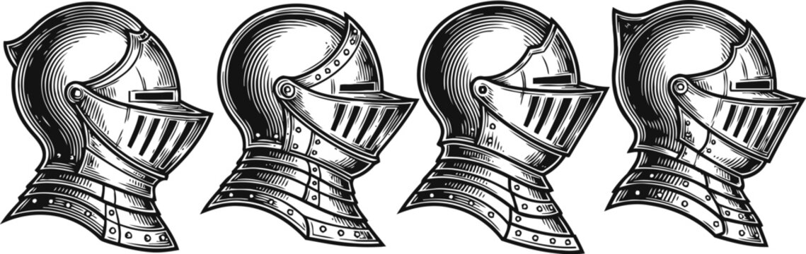 Medieval knight helmets side view set vintage armor head protection illustrations historical warrior elements