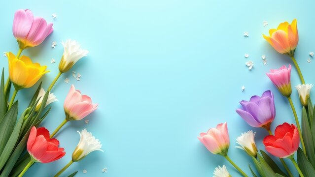 8 march greeting card design with beautiful flowers on light blue background top view flat lay festive spring composition with open copy space for text 
