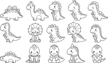 Cute dinosaur line art set, kawaii baby dino characters, cartoon prehistoric animals, kids coloring page black white vector illustration collection © Boony
