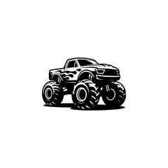 A powerful black and white vector illustration of a monster truck with massive tires and flame decals. Dynamic off-road vehicle design isolated on a white background. © Kotliar Ivan