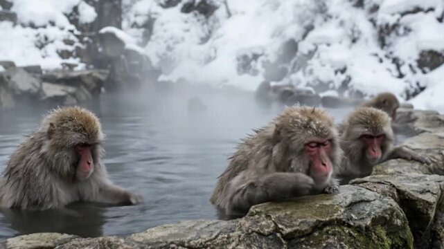 Japanese Snow Monkeys Relaxing in Natural Hot Spring Surrounded by Winter Mountains Creating Peaceful Wildlife Scene