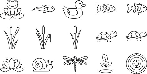 Cute pond animal line icons collection, frog duck fish turtle snail lotus dragonfly, minimal vector outline illustration set for kids © SREE