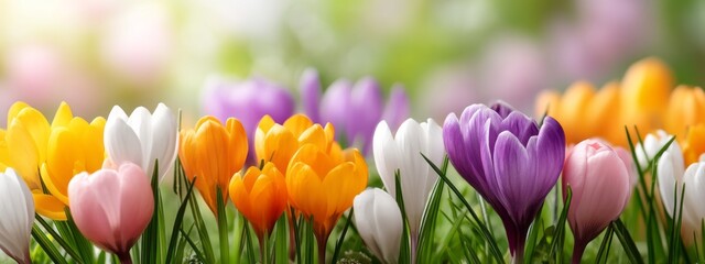 Obraz premium Vibrant crocus blossoms in shades of purple, yellow, and white spread across the green grass, creating a cheerful display as nature awakens in the gentle warmth of spring