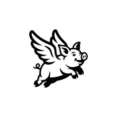 Obraz premium A whimsical black and white vector illustration of a happy pig with wings in flight. Featuring a clean, minimalist mascot design with bold lines on a white background.