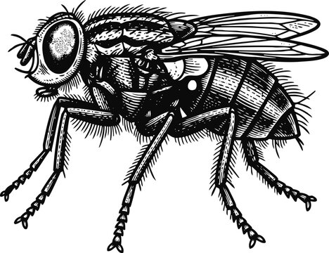 Close up detailed black and white illustration of a housefly with striped body and textured wings