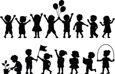 Obraz premium Children silhouette playing, reading, planting, waving, jumping rope, holding balloons, interacting, learning, growing, celebrating, teamwork, fun, happy moments, flat vector illustration