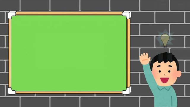 Animated School Child Raising Hand With Glowing Light Bulb Beside Green Screen Blackboard